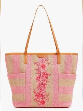 Vera Bradley Straw Beach Tote In Candy Pink Stripe Straw Decor NWT